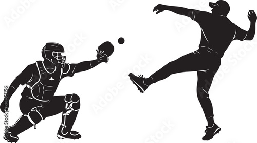 Baseball players in action with catcher and batter silhouettes