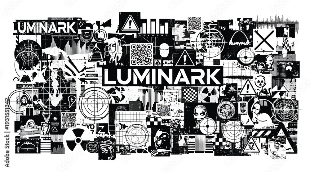 Fototapeta premium Black and white collage of various shapes and symbols with luminark logo on white background