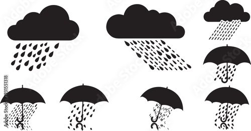 Rainy weather icons with umbrellas and raindrops illustrations set
