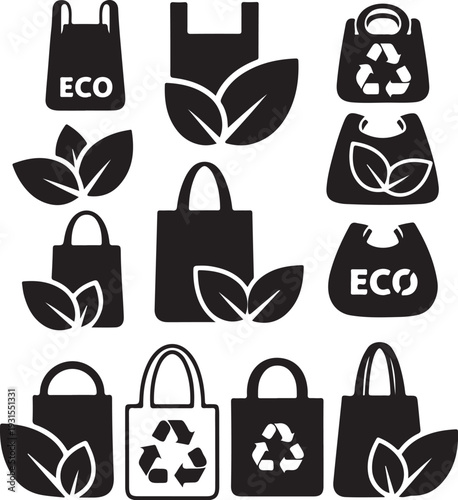 Eco friendly reusable shopping bags with recycling symbols and leaves