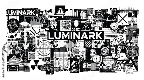 Black and white collage of various shapes and symbols with luminark logo on white background