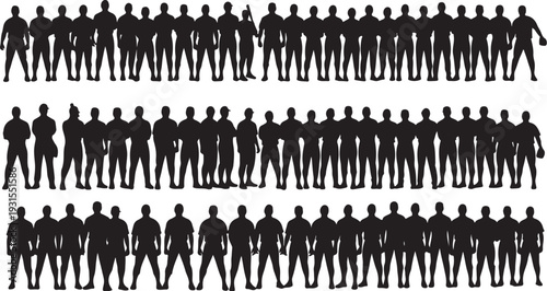 Silhouettes of people standing in groups on white background