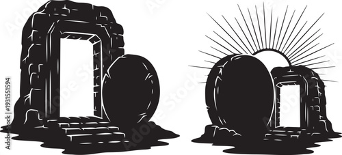 Easter tomb stone rolled away with sun rays shining