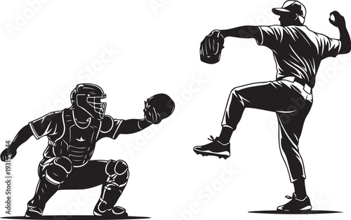 Baseball catcher and pitcher in action black and white illustration