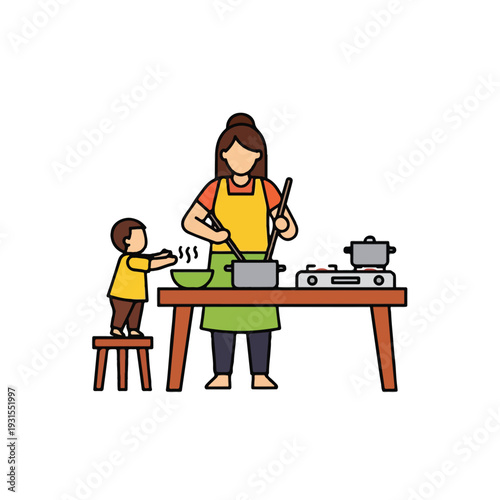 Mother and Child Cooking Together Vector Illustration