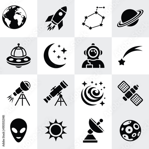 Space icons, astronomy vector, rocket silhouette, planet clipart, telescope design, astronaut symbol, galaxy graphic, alien illustration, moon art, cosmic star