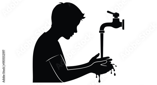 Silhouette of a person washing hands under a water faucet