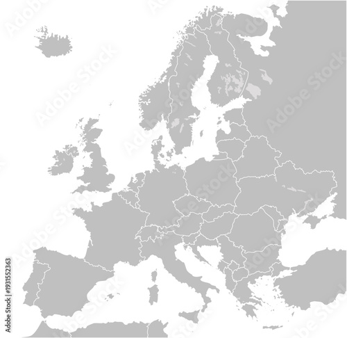 General Map of Europe Continent with Countries Borders Grey Silhouette