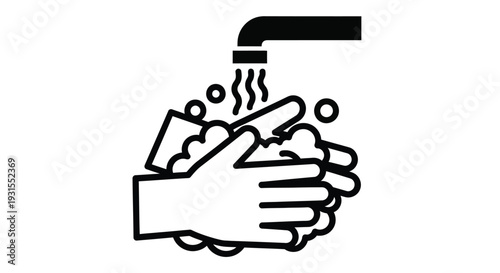 Black and white illustration depicting hands washing under a faucet with bubbles
