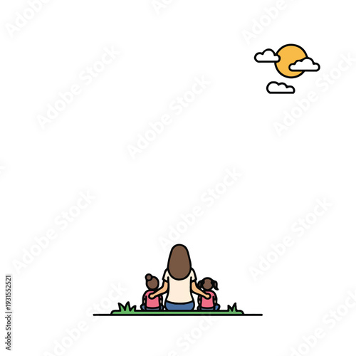 Mother and two children sitting on grass looking at sun vector illustration