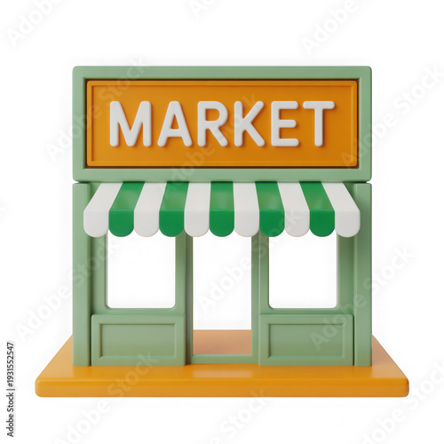 3D Market Shop Front Green Stripe Awning Retail
