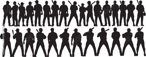 Silhouettes of people in various poses and actions standing together