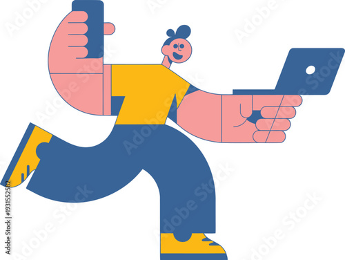 Person running with laptop and cellphone in hands and small animal on shoulder