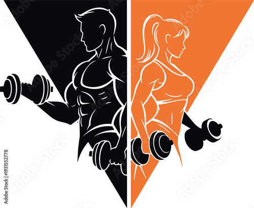 Gym Fitness Silhouette Man and Woman Lifting Dumbbells Workout Vector Illustration