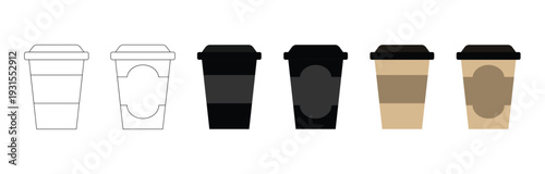 Collection of disposable takeaway coffee cup icons in flat and line art styles