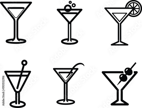 Cocktail glasses with various garnishes and contents  martini icons