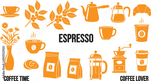 Espresso coffee set with cups, beans, maker, grinder, croissant, floral decor illustration