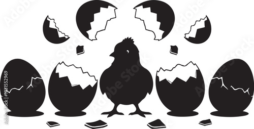 Chicken surrounded by broken eggs in black silhouette style