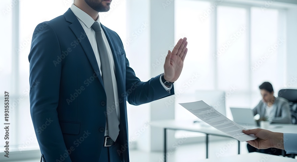 Fototapeta premium Business Man Holding Hand Up to Stop Document from Being Handed to Him