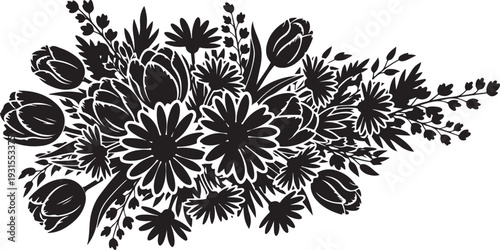 Black and white floral bouquet illustration with flowers and leaves