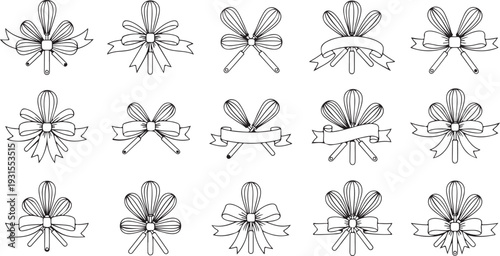 Vintage whisk with ribbon bows – monochrome baking logo elements