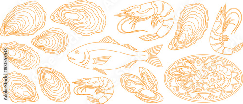 Seafood collection with oysters, shrimp, fish, mussels, hand drawn line art illustration set