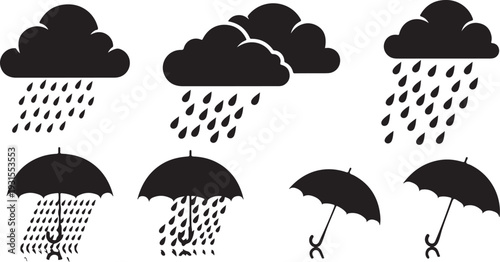 Rainy Day Icons and Silhouettes with Umbrellas and Clouds