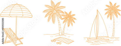 Summer beach vacation line art set with umbrella, deck chair, palm trees, sailboat, tropical travel illustration