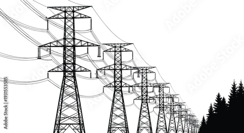 High voltage power line towers silhouettes with transmission cables isolated on white background electricity infrastructure vector illustration for energy industry design