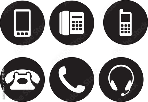 Telephone icons, communication devices, smartphone vector, landline clipart, rotary dial, headset symbol, mobile design, call graphic, telecom illustration, technology logo