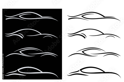 Vector illustration of sports car silhouettes set, minimalist automotive outline design isolated on black and white