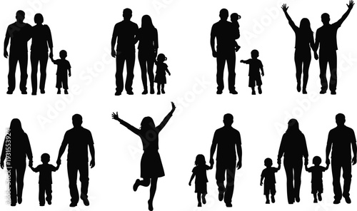 Family silhouettes set with parents and children isolated on white background happy mother father kids standing walking celebrating vector illustration collection