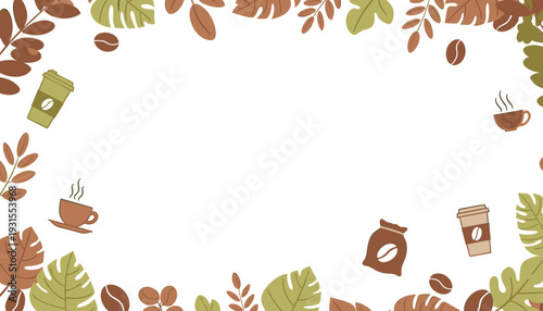 Cozy autumn coffee border with stylized leaves, steaming cups, and coffee beans, ideal for seasonal beverage menus, crafted drink promotions, and inviting graphic designs