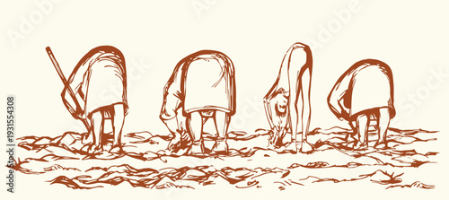 Vector drawing. A gardener weeding a garden