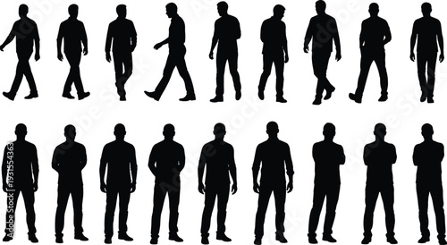 Male walking and standing silhouettes collection isolated on white background full body man poses vector illustration set for design projects