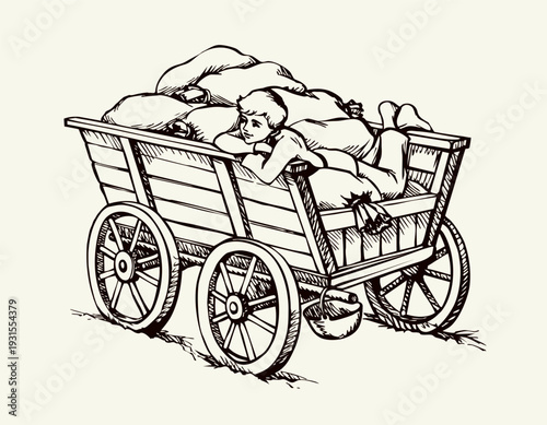 Vector drawing. A cart with bags and boy
