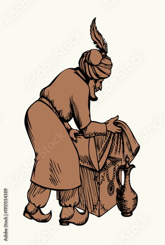 Vector drawing. Man sells a fabric on ancient market