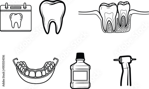 Dental care and hygiene icons with teeth and tools used for oral health maintenance