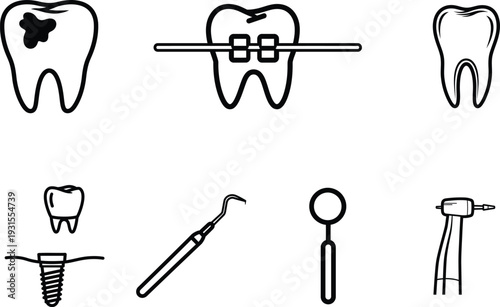 Dental care icons including teeth and tools for oral hygiene and orthodontics