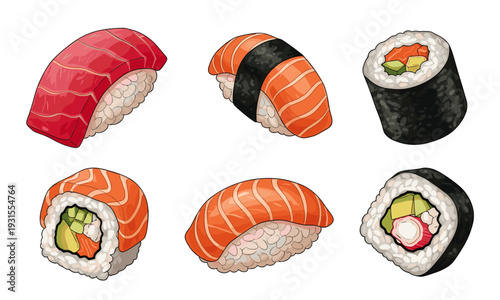 Assorted Japanese Sushi Selection: Nigiri and Maki Roll Illustrations