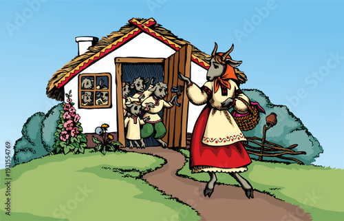 A goat and kids in a house. Vector illustration