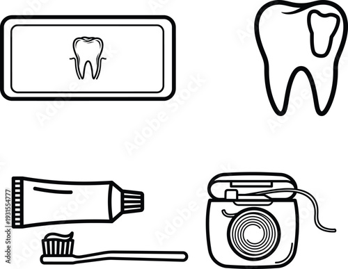Dental care icons including tooth toothbrush toothpaste and dental mirror on white