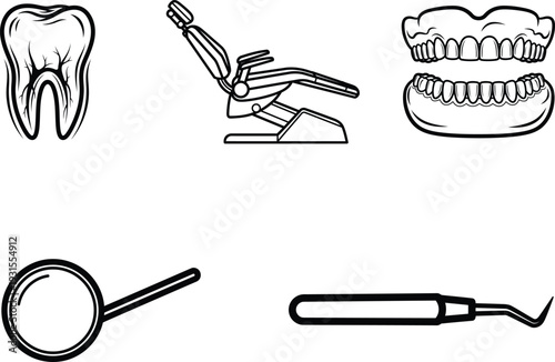 Dental icons including tooth drill dentures mirror and scraper on white background
