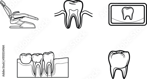 Dental illustrations including teeth and a dental chair for oral health concepts