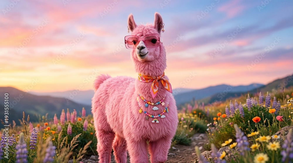 Obraz premium Stylish pink llama wearing sunglasses and floral scarf standing in mountain wildflower meadow
