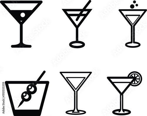 set of cocktail glasses and martini glasses icons
