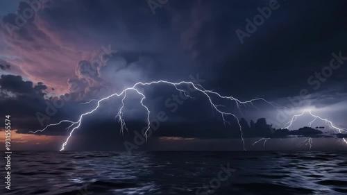Intense lightning storm over dark ocean waves