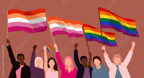 LGBTQ+ Pride: Diverse People Holding Rainbow & Lesbian Flags, Celebrating Equality & Human Rights