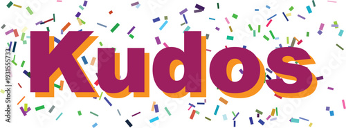 Bright purple word Kudos with orange accent details and a generous scattering of vibrant multicolored confetti