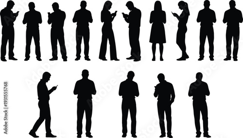People using smartphone silhouettes collection isolated on white background men and women texting browsing mobile phone vector illustration set